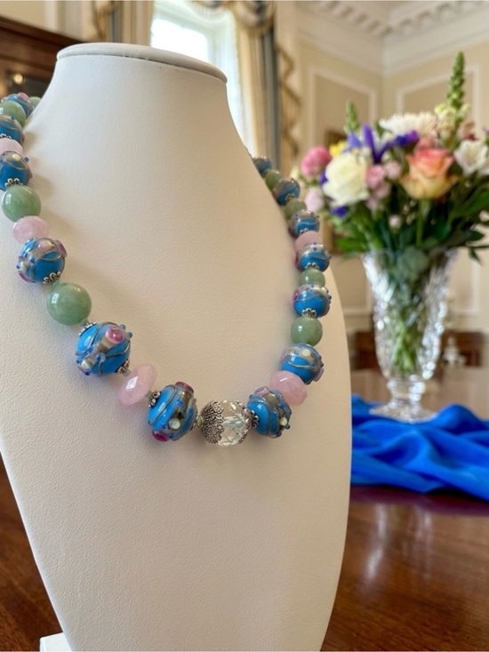 Aprilsplace Jewelry - Aprilsplace Hand Knotted Necklace Blue Wedding Cake Pink Jade Aventurine 22” NWT